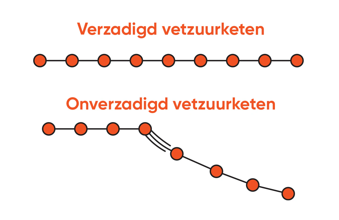 Verschil tussen verzadigde en onverzadigde vetzuurketen.