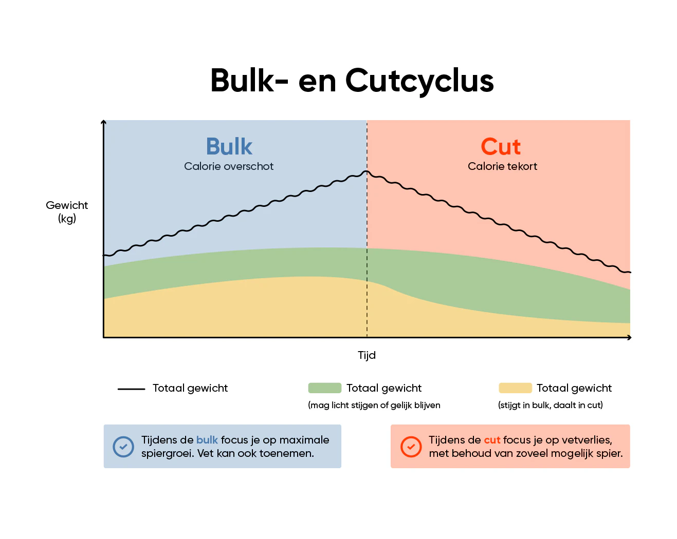 Schema bulken en cutten met verloop van spiermassa en vetpercentage